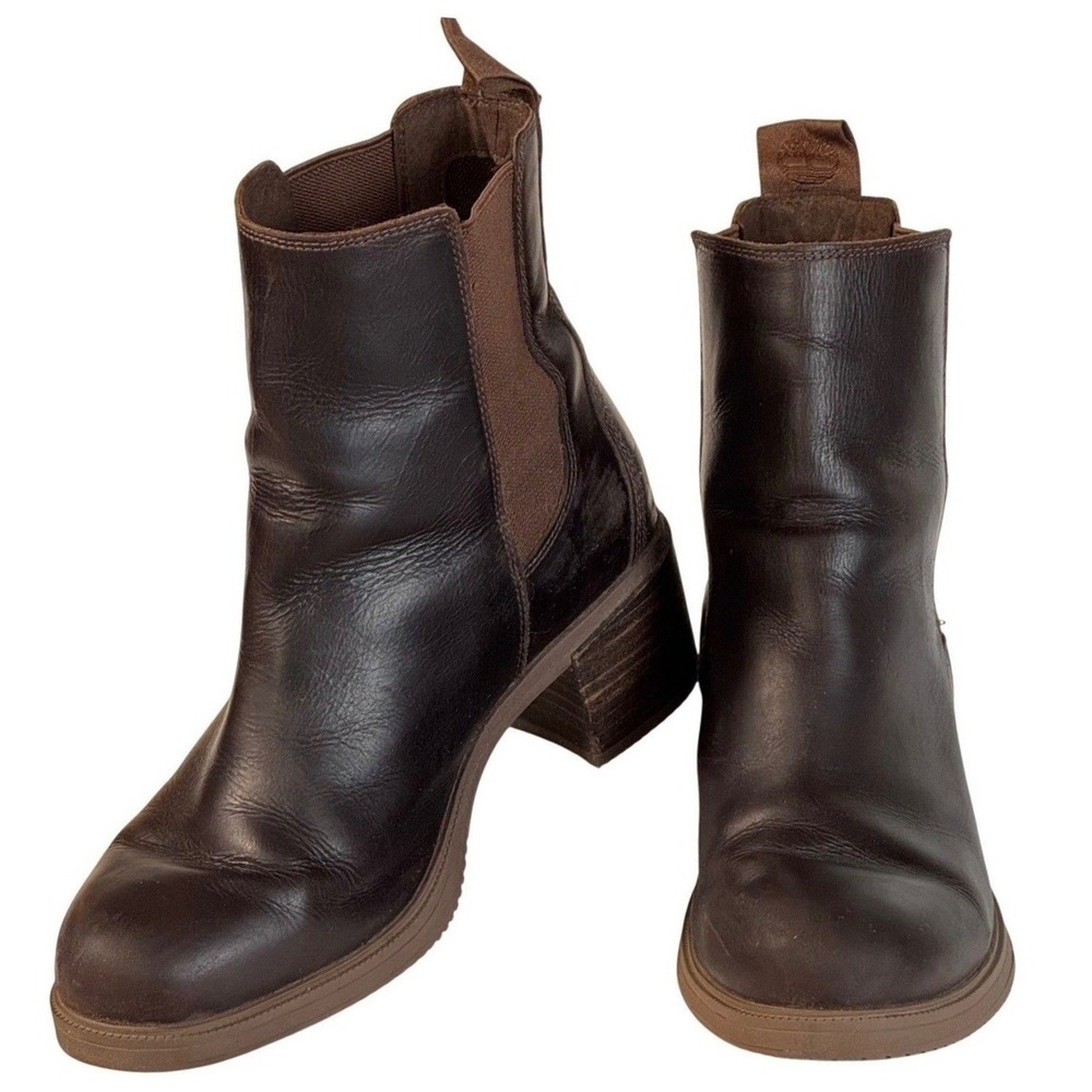 Timberland Womens 7.5 Brown Leather Chelsea Ankle Boots Block Heel ReBOTL Casual - Picture 2 of 10